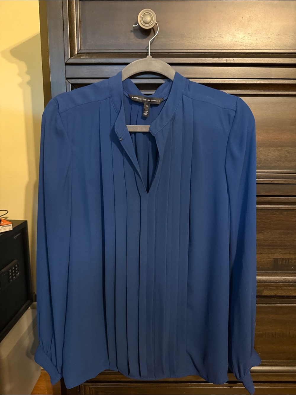 White House Black Market Blue Pintuck V-Neck Long Sleeve Blouse